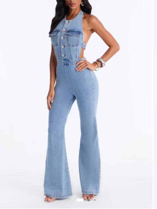 Fashion Nova Denim - Fashion Nova Light Blue Denim Halter Flared Jumpsuit